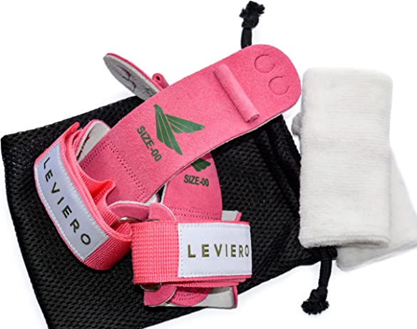 LEVIERO Gymnastics Grips for Girls - Soft Leather Dowel Hand Grips with Velcro Wrist Straps and Adjustable Finger Holes, for All Ages in Pink, Aqua and White